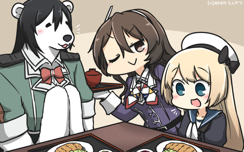 :d animalization ashigara_(kantai_collection) bear blonde_hair blue_eyes brown_eyes brown_hair chikuma_(kantai_collection) commentary dated food gloves hair_between_eyes hairband hamu_koutarou hat highres jacket jervis_(kantai_collection) kantai_collection long_hair long_sleeves military military_uniform multiple_girls one_eye_closed open_mouth purple_jacket smile uniform white_gloves white_hairband white_hat