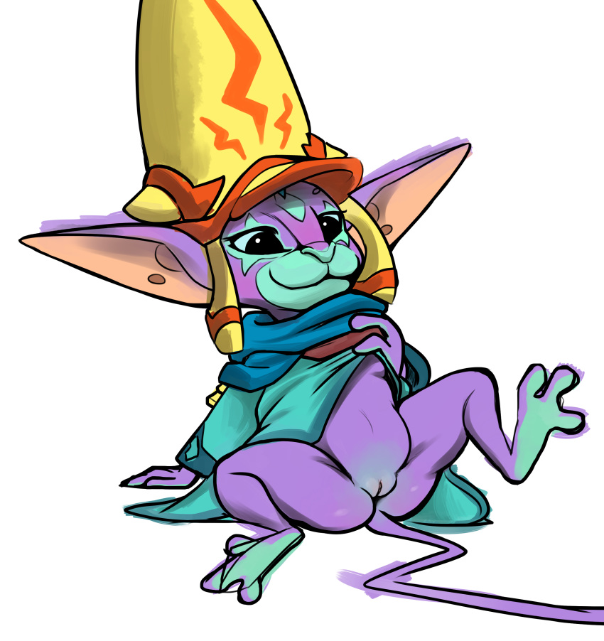 anthro barefoot big_ears bottomless butt clothed clothing feline female gigantic goblin hi_res humanoid mammal motiga mozu_(gigantic) pussy samuriolu sitting solo spread_legs spreading