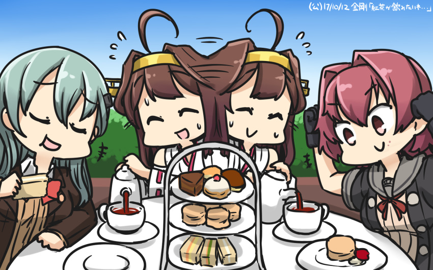 :d afterimage ahoge blue_hair blue_sky brown_hair cake closed_eyes colombia_pose commentary cup dated day dessert eating food gloves hamu_koutarou headgear highres kantai_collection kinu_(kantai_collection) kongou_(kantai_collection) long_hair multiple_girls neck_ribbon open_mouth pastry red_eyes red_hair remodel_(kantai_collection) ribbon sailor_collar serving short_hair sky smile suzuya_(kantai_collection) sweat table tea teacup tiered_tray