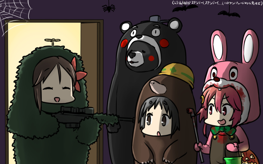 amagi_(kantai_collection) animalization bear black_eyes black_hair brown_hair bunny_hair_ornament bush call_of_duty call_of_duty_4 camouflage captain_macmillan captain_macmillan_(cosplay) closed_eyes commentary_request cosplay crescent crescent_hair_ornament disguise flower ghillie_suit gun hair_between_eyes hair_flower hair_ornament halloween hamu_koutarou highres kantai_collection kumamon kumamon_(cosplay) kumano_(kantai_collection) light_smile looking_at_viewer maru-yu_(kantai_collection) mole mole_(animal) mole_under_eye multiple_girls open_door pink_eyes pink_hair ponytail rifle robbie_the_rabbit robbie_the_rabbit_(cosplay) silent_hill_3 smile sniper_rifle uzuki_(kantai_collection) weapon