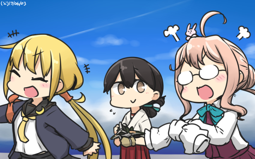 2017 3girls =3 aircraft airplane angry animal animal_on_head black_hair black_skirt blonde_hair blue_jacket brown_eyes bunny bunny_on_head closed_eyes commentary crescent crescent_moon_pin dated day double_bun folded_ponytail glasses hair_bun hakama hamu_koutarou highres jacket japanese_clothes kantai_collection kasuga_maru_(kantai_collection) long_hair long_sleeves low_twintails makigumo_(kantai_collection) multiple_girls necktie on_head opaque_glasses outdoors pink_hair red_hakama remodel_(kantai_collection) satsuki_(kantai_collection) school_uniform serafuku shirt short_sleeves skirt sky sleeves_past_fingers sleeves_past_wrists tied_sleeves twintails upper_body white_shirt yellow_neckwear