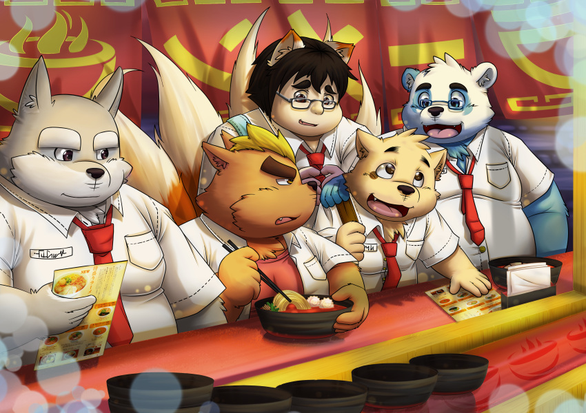 2017 anthro bear buchi canine clothing dog eyewear food fukami_youhei glasses group kemono male mammal mekko_rarekko noodles obese overweight polar_bear purplepalepie ramen restaurant school_uniform sitting uniform yamano_taishou