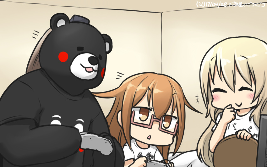 2girls alternate_costume animalization atago_(kantai_collection) bear blonde_hair blush casual closed_eyes clothes_writing commentary controller dated game_controller glasses hamu_koutarou highres kantai_collection kumano_(kantai_collection) mochizuki_(kantai_collection) multiple_girls ponytail red-framed_eyewear shirt t-shirt television tray tsurime