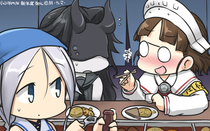 3girls :d armband bangs black_hair blunt_bangs blush braid brown_hair capelet chikuwa choko_(cup) chopsticks commentary cup daikon dated drunk flying_sweatdrops food glasses hamu_koutarou head_scarf headdress highres horns kantai_collection konnyaku_(food) light_cruiser_hime long_hair mask multiple_girls nose_blush oden open_mouth pale_skin pince-nez roma_(kantai_collection) sailor_collar shinkaisei-kan silver_hair sleeveless smile sweatdrop umikaze_(kantai_collection)