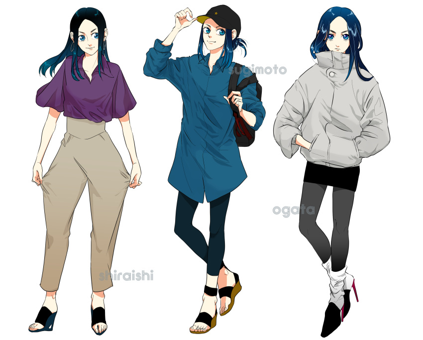 38_(hohei243) absurdres adjusting_clothes adjusting_hat alternate_costume asirpa backpack bag bangs baseball_cap black_legwear blouse blue_eyes blue_hair breasts collared_shirt contemporary full_body golden_kamuy hands_in_pockets hat high_heels highres jacket long_hair long_sleeves looking_at_viewer miniskirt multiple_views no_socks older pants pantyhose parted_bangs sandals shirt simple_background skirt sleeves_rolled_up small_breasts smile socks standing turtleneck white_background