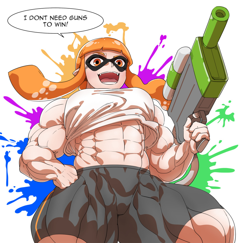 1girl abs biceps breasts co-opvillain female inkling looking_at_viewer muscle muscular_female orange_eyes orange_hair shorts solo splatoon teeth text_focus thick_thighs