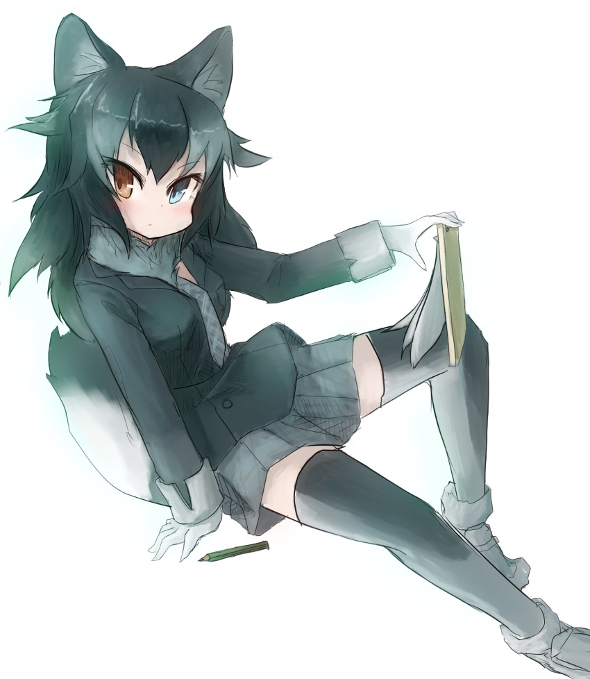 animal_ears black_hair blue_eyes clipboard coat eyebrows_visible_through_hair fur_collar gloves grey_hair grey_wolf_(kemono_friends) heterochromia highres ka_(3s4k4) kemono_friends long_hair long_sleeves multicolored_hair necktie paper pencil pleated_skirt sitting skirt solo tail thighhighs wolf_ears wolf_tail yellow_eyes zettai_ryouiki