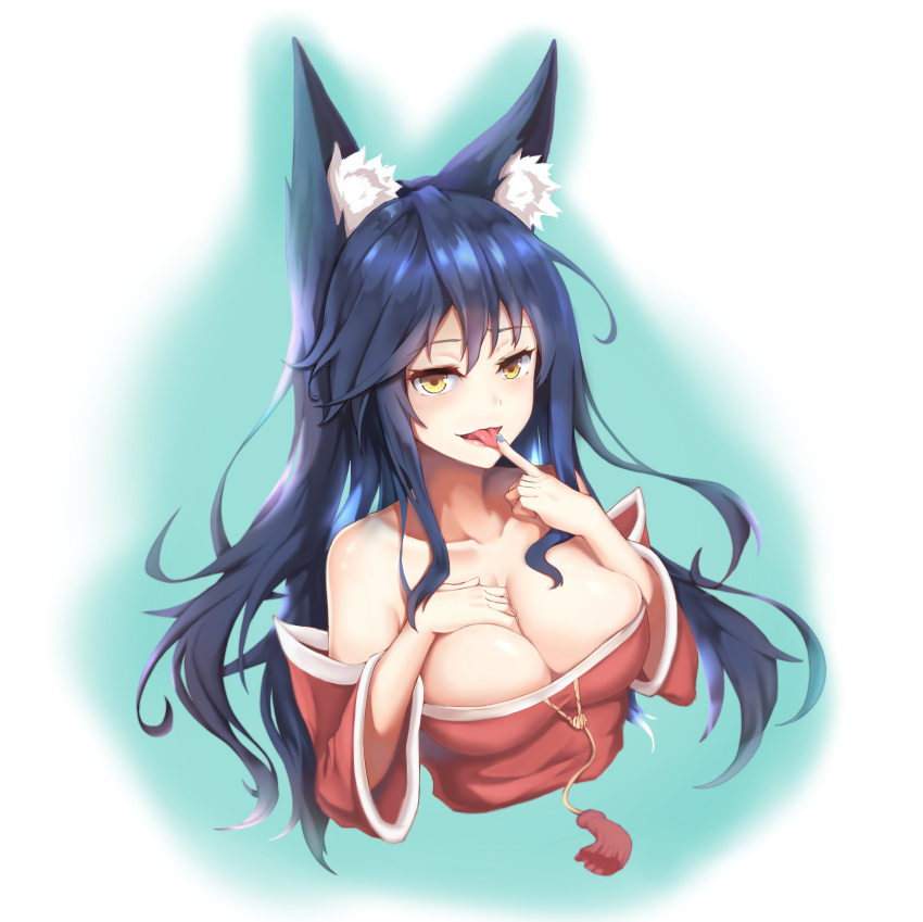 absurdres ahri animal_ears bare_shoulders black_hair blush breasts cleavage collarbone detached_sleeves finger_licking fingernails fox_ears fox_girl hand_on_own_chest highres iku!_iku!! korean_clothes large_breasts league_of_legends licking lips long_hair looking_at_viewer nail_polish naughty_face seductive_smile smile solo tongue tongue_out yellow_eyes