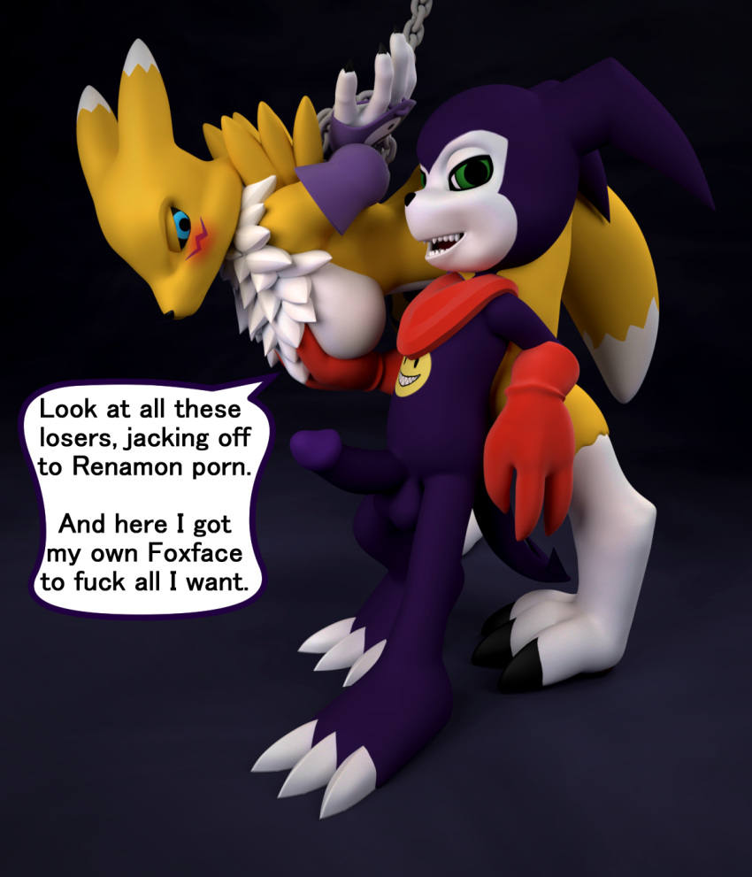 2018 3d_(artwork) anthro bacn balls bdsm big_breasts biped black_sclera blue_eyes blush bound breaking_the_fourth_wall breast_grab breasts chain claws clothed clothing dialogue digimon digital_media_(artwork) duo erection female fur gloves grope hand_on_breast imp impmon looking_at_viewer male mammal neckerchief nude open_mouth penis questionable_consent renamon smile standing toe_claws topless tuft white_fur