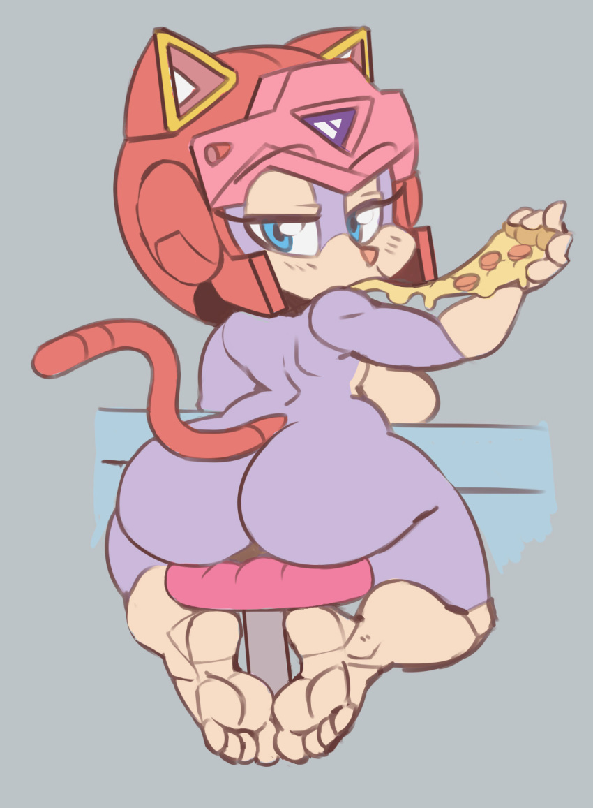 anthro armor barstool big_breasts big_butt blue_eyes breasts butt cat eating feline female food grey_background helmet looking_at_viewer looking_back mammal nude pizza pizzacat polly_esther samurai_pizza_cats simple_background sitting solo