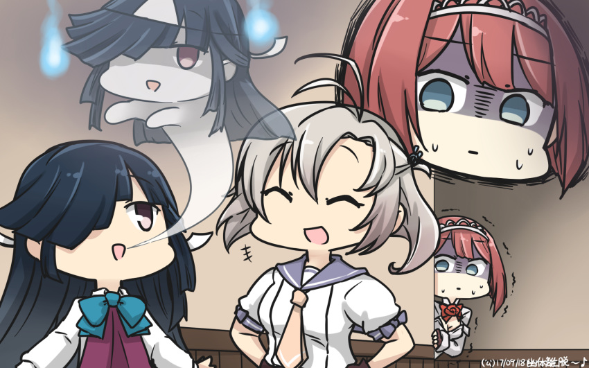3girls :d antenna_hair ark_royal_(kantai_collection) around_corner blue_eyes bow bowtie brown_eyes closed_eyes commentary_request dated giving_up_the_ghost grey_hair hair_over_one_eye hamu_koutarou hands_on_hips hayashimo_(kantai_collection) highres hitodama indoors kantai_collection kinugasa_(kantai_collection) long_hair multiple_girls necktie open_mouth purple_hair red_hair sailor_collar school_uniform serafuku shaded_face short_hair smile sweat tiara trembling triangular_headpiece