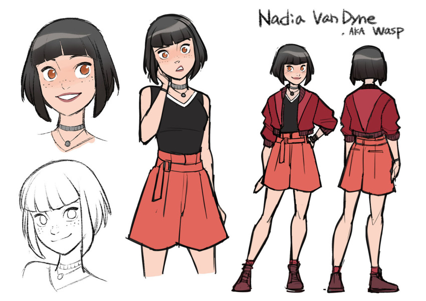 black_hair black_shirt breasts brown_eyes brown_footwear character_name character_sheet choker eyebrows_visible_through_hair freckles from_behind grey_choker gurihiru hand_on_hip hand_on_own_cheek highres jacket jewelry jpeg_artifacts kneepits looking_at_viewer marvel medium_breasts multiple_views nadia_van_dyne necklace official_art orange_shorts pink_lips red_jacket red_legwear shirt short_hair shorts simple_background sleeveless sleeveless_shirt smile socks standing white_background