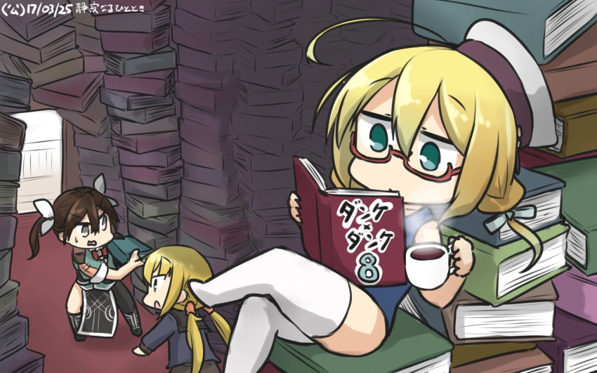 :o ahoge asymmetrical_clothes beret blonde_hair book book_stack brown_hair commentary crossed_legs cup dated from_behind glasses green_eyes hair_between_eyes hair_ribbon hamu_koutarou hat highres i-8_(kantai_collection) kantai_collection low_twintails multiple_girls pelvic_curtain red-framed_eyewear remodel_(kantai_collection) ribbon satsuki_(kantai_collection) semi-rimless_eyewear sitting sitting_on_books teacup thighhighs tone_(kantai_collection) twintails under-rim_eyewear white_legwear