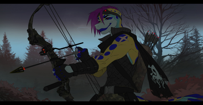 2018 5_fingers anthro arrow black_bars bow clothed clothing detailed_background digital_media_(artwork) hair holding_object holding_weapon lizard melloque purple_hair reptile scalie solo standing weapon