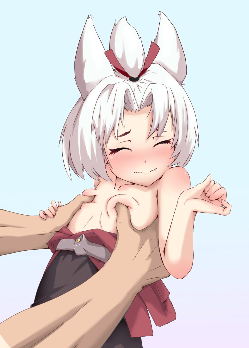 1girl animal_ears anohito_(tokumei) azur_lane bangs blush bob_cut body_blush breasts closed_eyes closed_mouth clothes_down collarbone commentary_request eyelashes facing_viewer fang fang_out furrowed_eyebrows hair_ribbon hands_up head_out_of_frame hetero highres japanese_clothes kimono no_bra no_detached_sleeves nose_blush parted_bangs petite red_kimono red_ribbon ribbon short_hair shouhou_(azur_lane) small_breasts solo_focus topknot trembling wavy_mouth white_hair