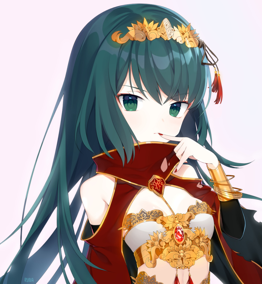 armor bangs bare_shoulders black_hair blue_eyes blue_hair breasts cape cleavage_cutout commission crown dress finger_to_mouth gold green_eyes green_hair hair_ornament highres long_hair long_sleeves looking_at_viewer nail_polish original runastark scarf small_breasts straight_hair upper_body