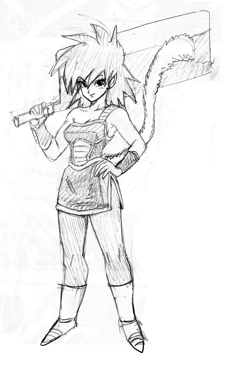 alternate_costume armor black_eyes boots carrying carrying_over_shoulder commentary dragon_ball eyelashes full_body gine greyscale hand_on_hip highres knife looking_at_viewer monochrome murata_yuusuke short_hair simple_background skirt smile solo spiked_hair tail white_background wristband