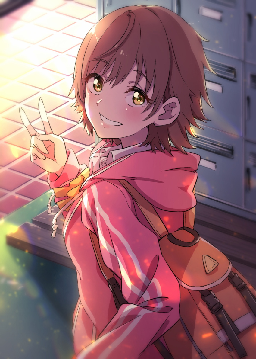 backpack bad_id bad_pixiv_id bag bow bowtie brown_hair eyebrows_visible_through_hair grin hair_between_eyes highres honda_mio hood hooded_sweater idolmaster idolmaster_cinderella_girls indoors locker looking_at_viewer pink_sweater rusk_(canvas4ban) short_hair smile solo sweater upper_body v yellow_bow yellow_eyes