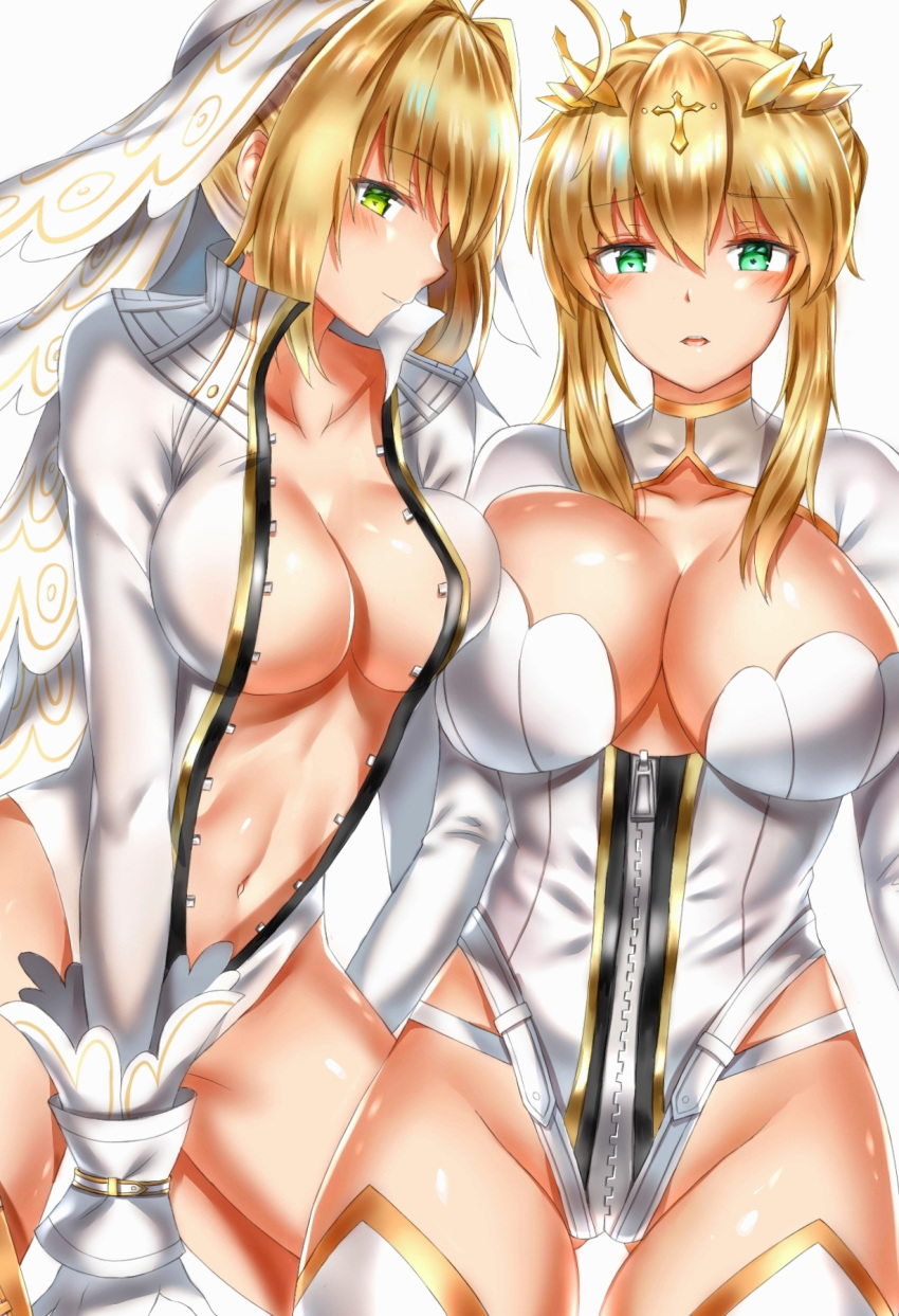 ahoge alternate_costume artoria_pendragon_(all) artoria_pendragon_(lancer) asymmetrical_docking bad_id bad_pixiv_id bangs blonde_hair blush braid breast_press breasts bridal_veil center_opening cleavage cleavage_cutout collarbone commentary cosplay crown eyebrows_visible_through_hair farys_(afopahqfw) fate/extra fate/extra_ccc fate/grand_order fate_(series) french_braid full-length_zipper green_eyes hair_between_eyes hair_bun hair_intakes highleg highleg_leotard highres hips large_breasts leotard long_hair looking_at_viewer multiple_girls navel nero_claudius_(bride)_(fate) nero_claudius_(bride)_(fate)_(cosplay) nero_claudius_(fate)_(all) open_mouth parted_lips sidelocks simple_background smile thighhighs thighs veil white_background white_legwear white_leotard wrist_cuffs zipper zipper_pull_tab