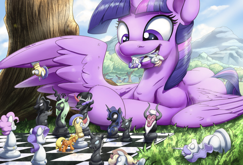 2018 applejack_(mlp) chess cutie_mark detailed_background digital_media_(artwork) earth_pony equine eyes_closed feathered_wings feathers female friendship_is_magic hair hi_res horn horse mammal micro mountain my_little_pony outside pony tree tsitra360 twilight_sparkle_(mlp) winged_unicorn wings