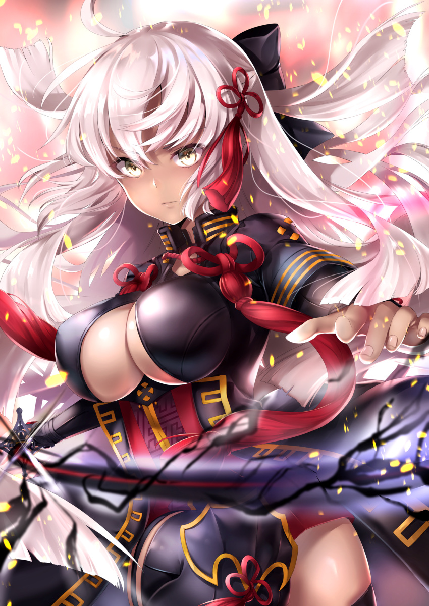 absurdres ahoge aura black_bow black_legwear bow breasts cleavage cleavage_cutout commentary dark_aura dark_skin eyebrows_visible_through_hair fate/grand_order fate_(series) fighting_stance floating_hair hair_between_eyes hair_bow hair_ornament hane_yuki high_collar highres holding holding_weapon large_breasts long_hair long_sleeves looking_at_viewer okita_souji_(alter)_(fate) okita_souji_(fate)_(all) serious solo standing sword tassel thighhighs thighs underbust very_long_hair weapon white_hair yellow_eyes zettai_ryouiki
