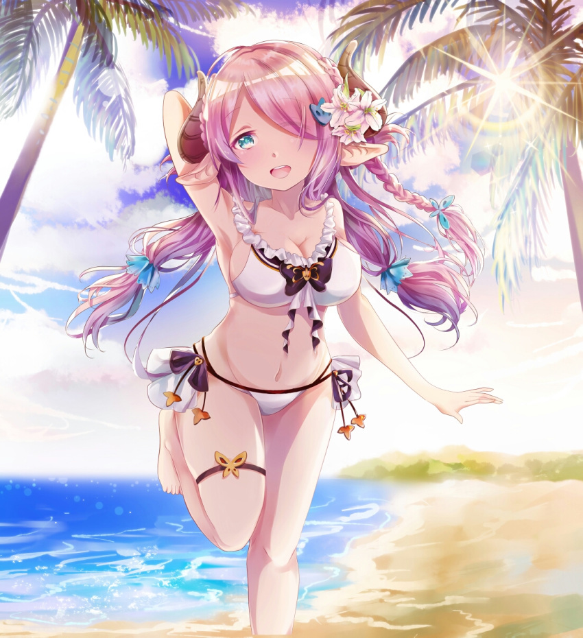 :d arm_up bangs barefoot beach bikini blue_eyes breasts cleavage cloud collarbone day eyebrows_visible_through_hair floating_hair flower granblue_fantasy groin hair_flower hair_ornament hair_over_one_eye highres horns leg_up lens_flare long_hair medium_breasts mutang narmaya_(granblue_fantasy) navel ocean open_mouth outdoors palm_tree pink_hair sideboob smile solo standing standing_on_one_leg sun sunlight swimsuit thigh_strap tree white_bikini white_flower