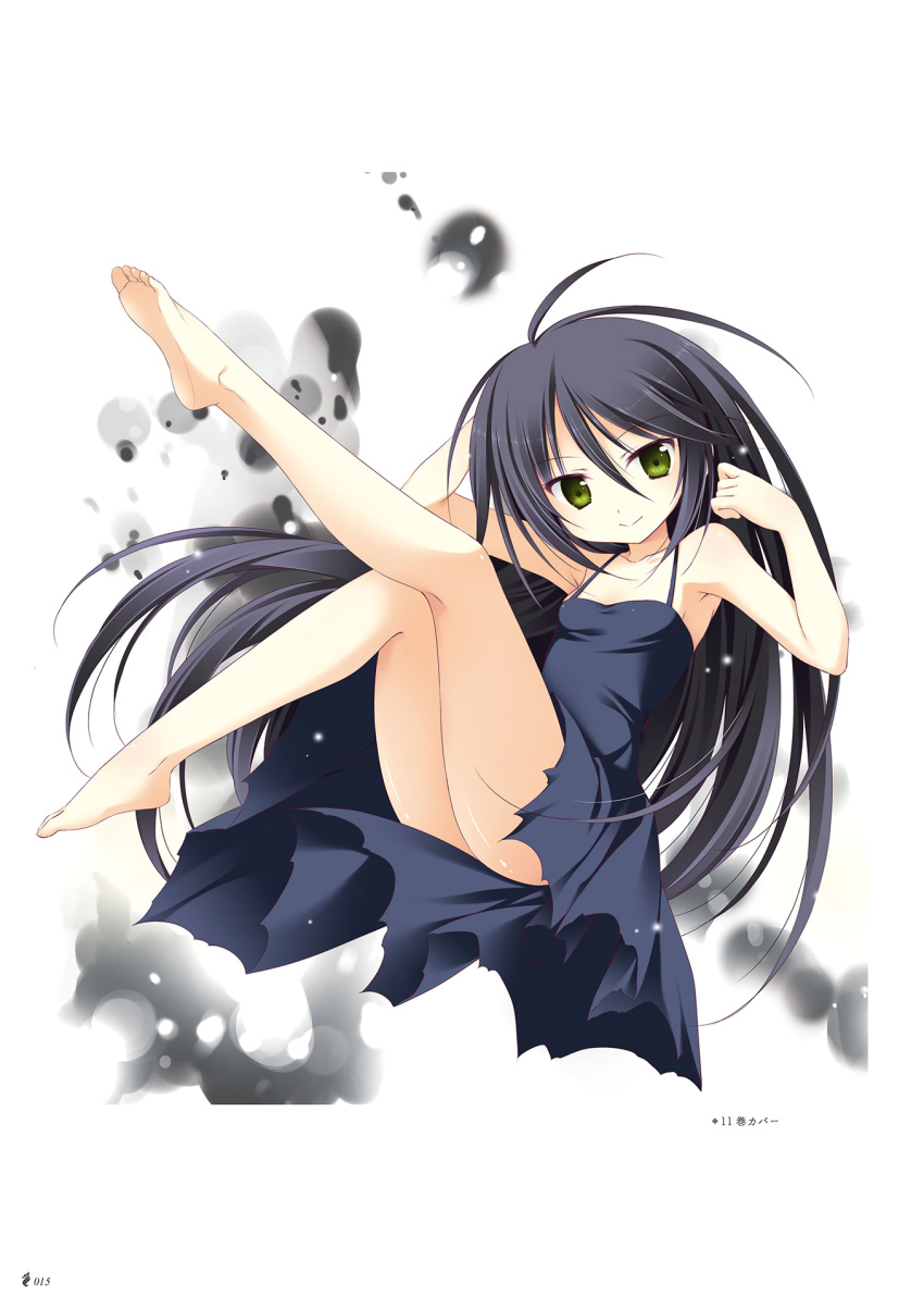 ahoge arm_behind_head armpit_peek ass bangs barefoot black_dress black_hair breasts collarbone dress eyebrows_visible_through_hair floating_hair full_body green_eyes hair_between_eyes halterneck highres juuoumujin_no_fafnir kili_surtr_muspellzheimr korie_riko long_hair looking_at_viewer official_art page_number shiny shiny_hair shiny_skin simple_background sleeveless sleeveless_dress small_breasts smile solo torn_clothes torn_dress very_long_hair white_background