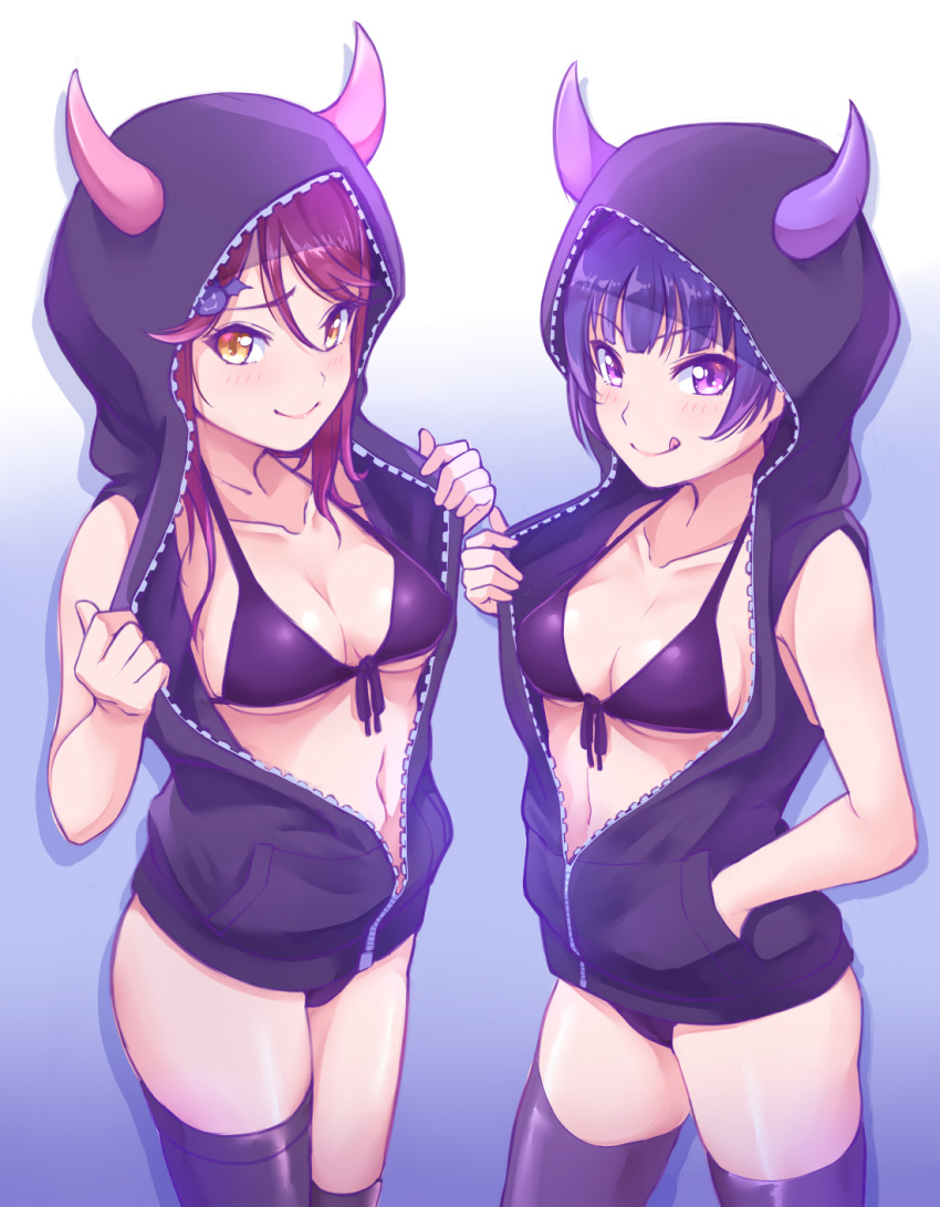 :q asymmetrical_legwear bare_shoulders bat_hair_ornament bikini black_bikini black_jacket blue_hair breasts cleavage collarbone demon_horns front-tie_bikini front-tie_top hair_ornament hands_in_pockets highres hood hood_up hooded_jacket horns jacket kanabun love_live! love_live!_sunshine!! multiple_girls navel open_clothes open_jacket partially_unzipped purple_eyes red_hair sakurauchi_riko smile swimsuit thighhighs tongue tongue_out tsushima_yoshiko yellow_eyes