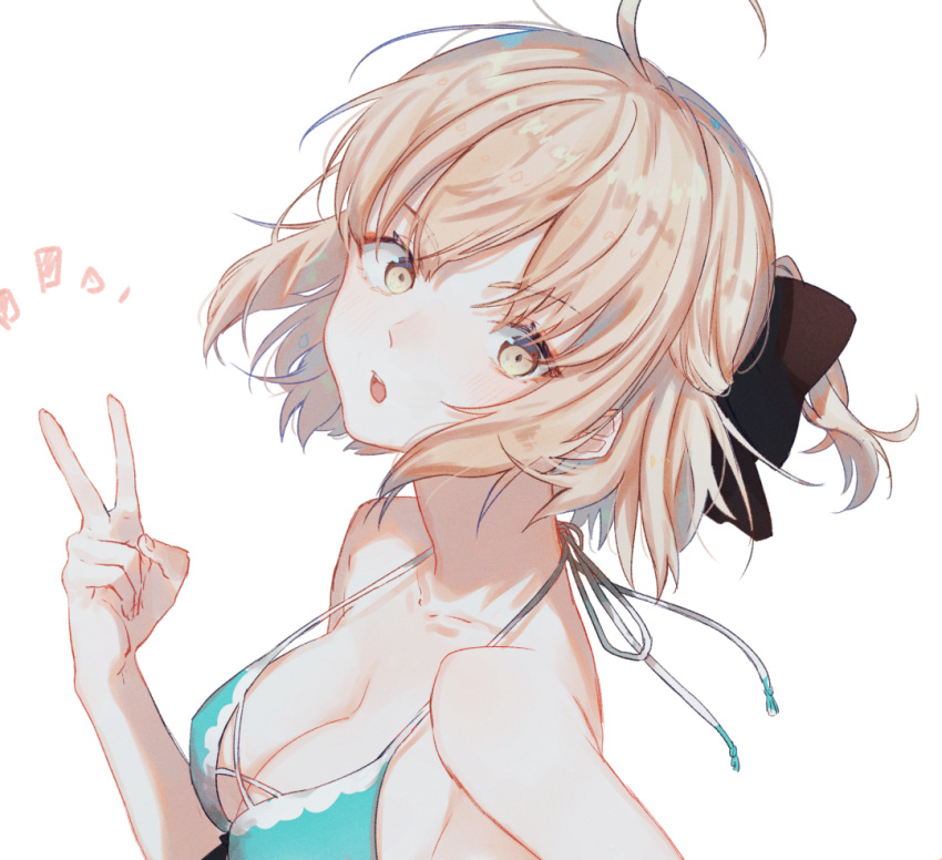 ahoge black_bow blonde_hair blue_bikini_top bow breasts cleavage collarbone eyebrows_visible_through_hair fate/grand_order fate_(series) hair_bow halterneck looking_at_viewer medium_breasts okita_souji_(fate) okita_souji_(fate)_(all) open_mouth short_hair short_ponytail sideboob simple_background solo upper_body v white_background yellow_eyes yuno_tsuitta