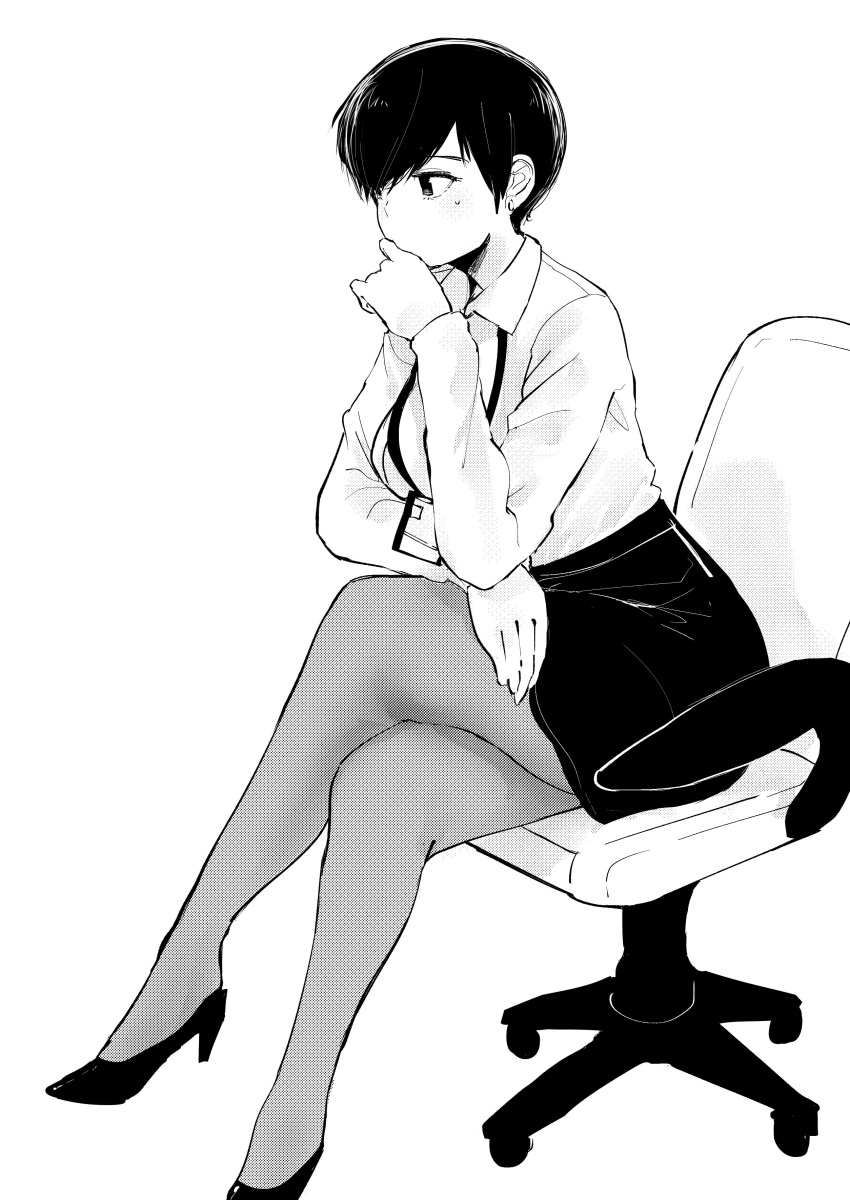 absurdres bangs breasts chair collared_shirt crossed_legs earrings greyscale halftone hand_to_own_mouth high_heels highres id_card jewelry lanyard large_breasts legs long_sleeves looking_away monochrome norman_maggot office_chair office_lady ol-chan_(norman_maggot) original pantyhose pencil_skirt pumps shirt shoes short_hair simple_background sitting skirt solo sweat thinking very_short_hair