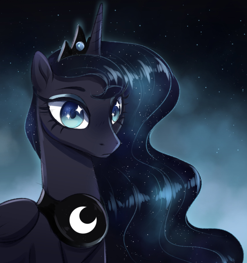 2018 :| blue_eyes bust_portrait cosmic_hair crown equine eyelashes eyeshadow feathered_wings feathers female feral fog friendship_is_magic hair hi_res horn long_hair makeup mammal mascara momomistress my_little_pony night nude outside portrait princess_luna_(mlp) royalty sky solo sparkles star starry_sky winged_unicorn wings
