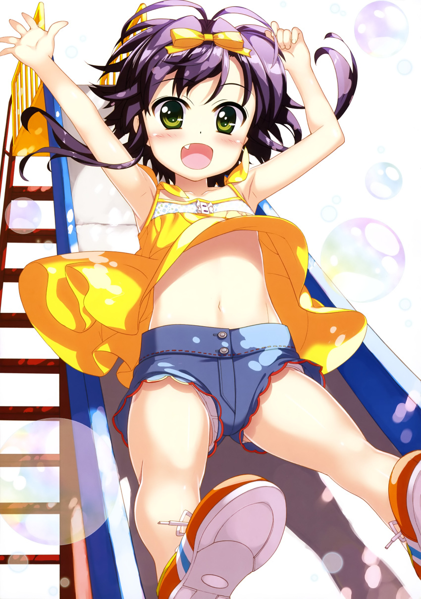 :d absurdres armpits arms_up ass_visible_through_thighs bare_legs blue_shorts blue_stripes breasts bubble child collarbone eyebrows_visible_through_hair fang flat_chest fujima_takuya green_eyes hair_ribbon highres looking_at_viewer lyrical_nanoha mahou_shoujo_lyrical_nanoha_vivid navel official_art open_hand open_mouth orange_footwear panties panties_under_shorts pigeon-toed purple_hair ribbon rio_wezley scan shirt shoes short_shorts shorts simple_background skindentation sleeveless sleeveless_shirt slide smile sneakers solo striped_footwear tongue underboob underwear white_background white_panties white_stripes yellow_ribbon yellow_shirt