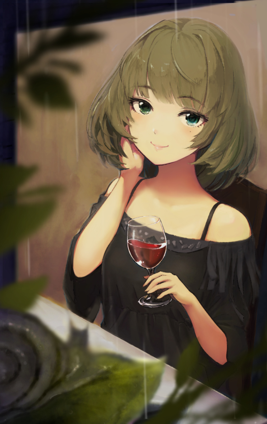 alcohol black_shirt blue_eyes blurry_foreground brown_hair commentary_request cup drinking_glass english_commentary eyebrows_visible_through_hair green_eyes hand_on_own_cheek heterochromia highres holding holding_cup idolmaster idolmaster_cinderella_girls indoors looking_at_viewer mole mole_under_eye negy partial_commentary pink_lips rain shirt short_hair smile solo takagaki_kaede wine wine_glass