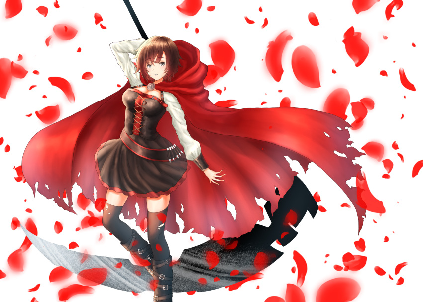 boots breasts cape cleavage gothic_lolita ruby_rose rwby scythe short_hair silver_eyes skirt thighhighs