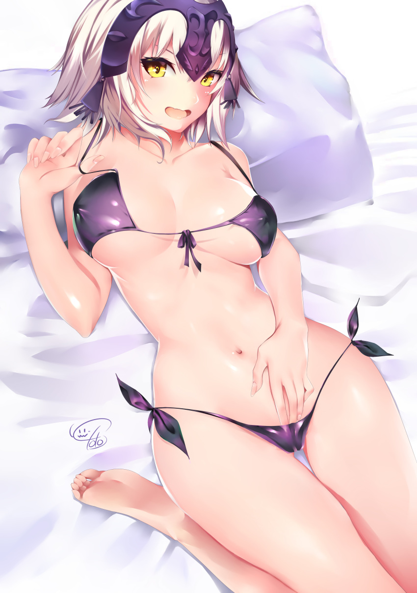absurdres bed bikini black_bikini breasts cekonikova commentary covered_nipples fate/grand_order fate_(series) feet fingernails front-tie_top hand_under_clothes highres jeanne_d'arc_(alter)_(fate) jeanne_d'arc_(fate)_(all) large_breasts looking_at_viewer lying navel open_mouth pillow short_hair side-tie_bikini silver_hair soles solo strap_pull swimsuit yellow_eyes