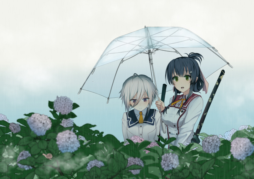 80mph ahoge black_hair blush commentary_request flower fog folded_ponytail green_eyes hair_ornament hair_ribbon hairclip hydrangea itomi_sayaka katana leaf minoseki_gakuin_uniform multiple_girls purple_eyes rain renpu_girls_school_uniform ribbon shared_umbrella sheath sheathed short_hair snail sword tied_hair toji_no_miko transparent transparent_umbrella umbrella weapon white_hair yanase_mai yuri