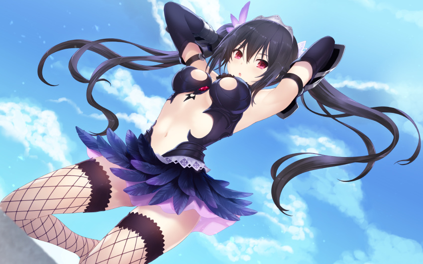 :o alternate_costume armpits arms_behind_head bare_shoulders black_gloves black_hair black_skirt blue_sky breasts cait cloud cloudy_sky day diadem elbow_gloves feather_skirt fishnet_legwear fishnets gloves hair_between_eyes hair_ribbon highres long_hair looking_at_viewer medium_breasts midriff navel neptune_(series) noire pink_skirt red_eyes ribbon skirt skirt_set sky solo thighhighs twintails very_long_hair