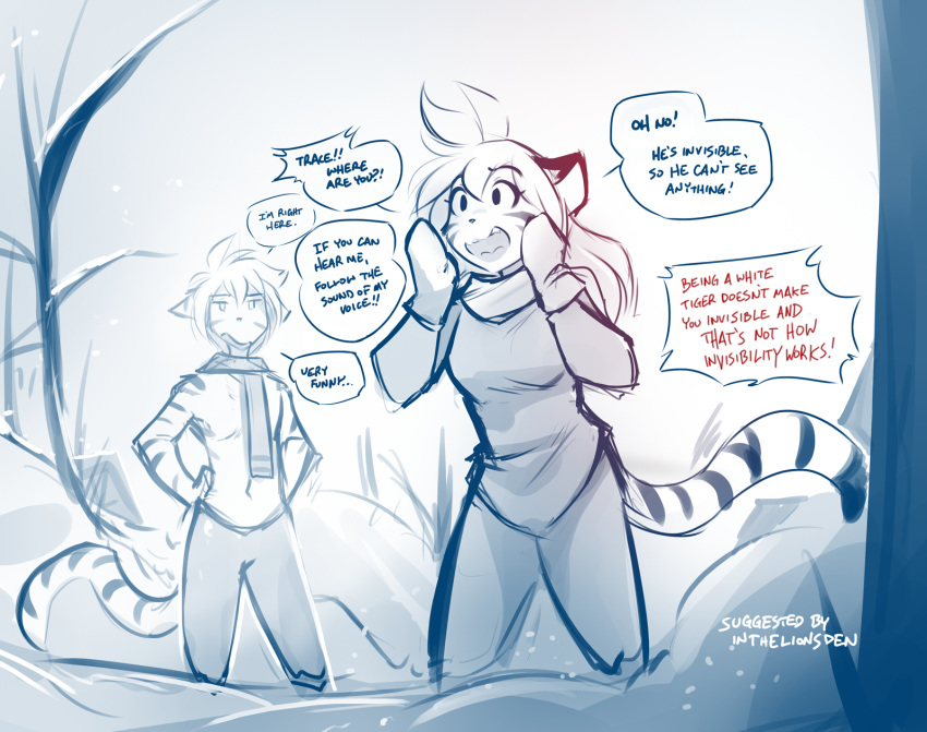 2018 alternate_species annoyed anthro clothed clothing dialogue duo english_text feline female flora_(twokinds) fur furrification gradient_background hands_on_hips hi_res humor keidran male mammal monochrome open_mouth outside scarf simple_background sketch snow striped_fur stripes text tiger tiger_trace tom_fischbach topless trace_legacy tree twokinds webcomic winter yelling