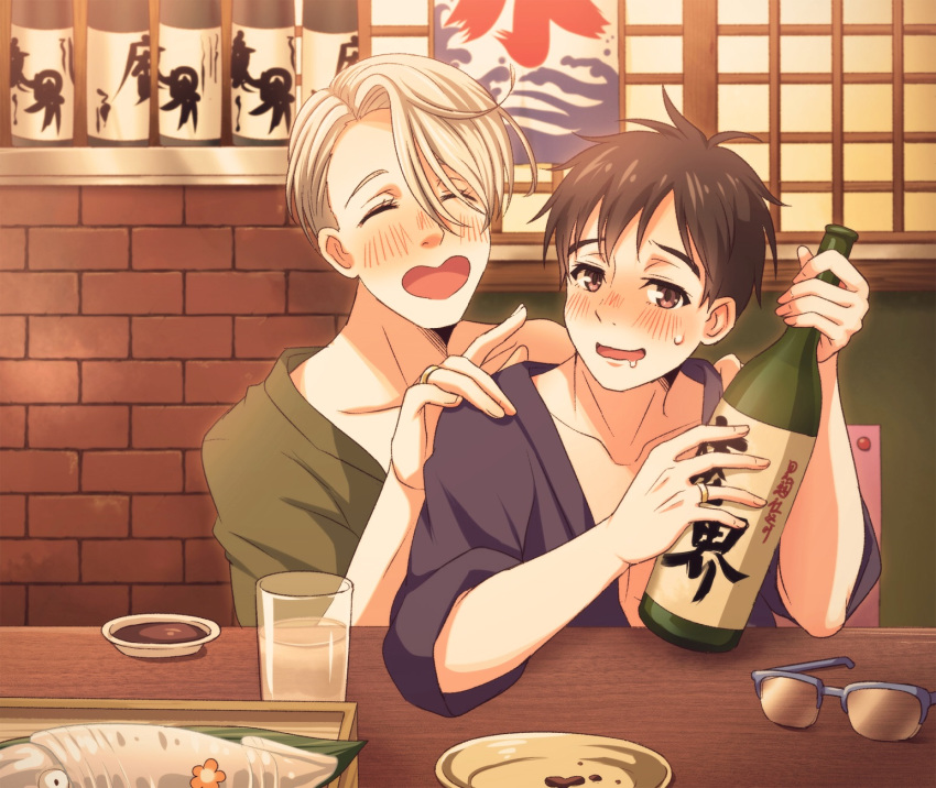 black_hair blue-framed_eyewear blue_eyes blush bottle brown_eyes cup drinking_glass drooling drunk eyewear_removed glasses hand_on_another's_shoulder heart-shaped_mouth highres japanese_clothes jewelry katsuki_yuuri male_focus multiple_boys open_mouth plate ring silver_hair smile squid table twc_(p-towaco) viktor_nikiforov yuri!!!_on_ice