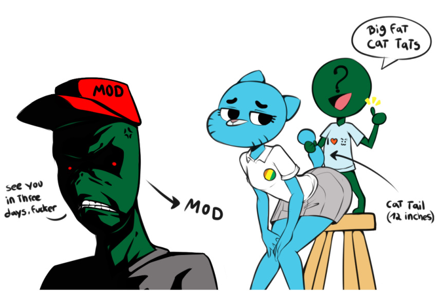 angry anon anonymous anthro butt cartoon_network cat clothed clothing english_text feline female fur happy jegc male male/female mammal mature_female mod nicole_watterson simple_background size_difference teeth text the_amazing_world_of_gumball white_background zeigram