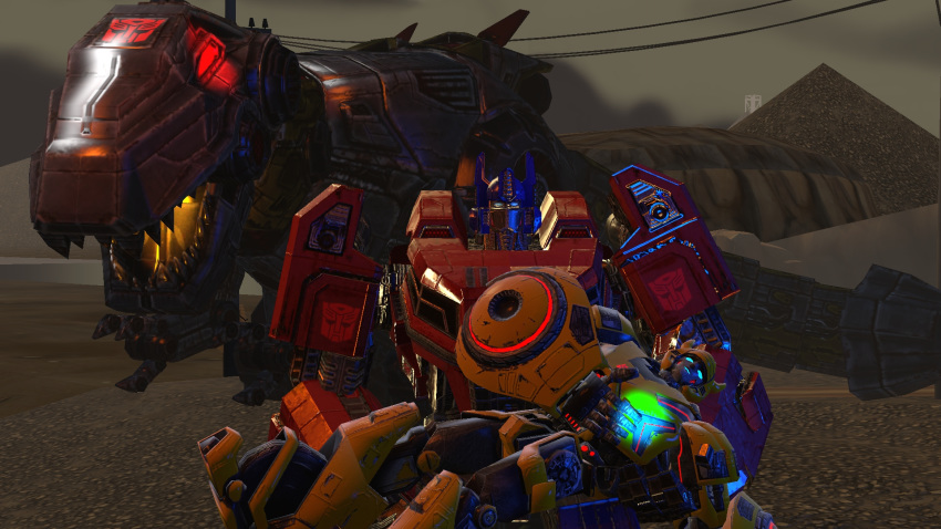 3d_(artwork) bumblebee_(transformers) carrying digital_media_(artwork) dinosaur glowing glowing_eyes grimlock machine optimus_prime robot source_filmmaker transformers wounded yaboiscout