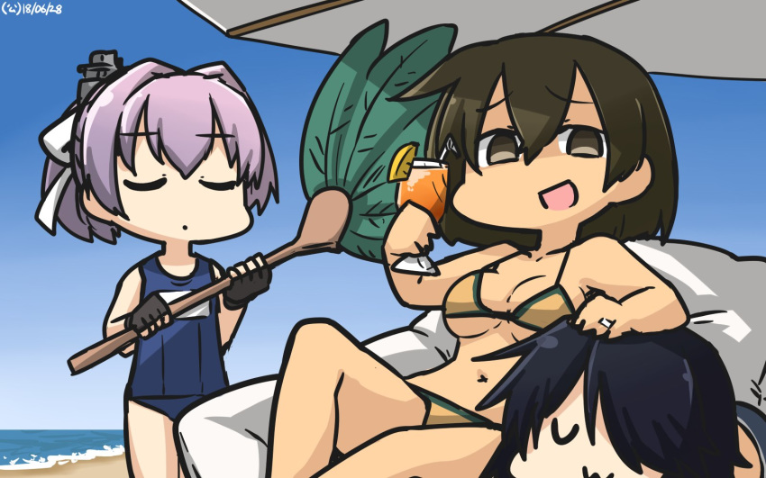 :3 beach bikini black_gloves black_hair brown_hair closed_eyes commentary cup dated drink drinking_glass empty_eyes eyebrows_visible_through_hair fingerless_gloves gloves hair_between_eyes hamu_koutarou highres hiryuu_(kantai_collection) holding holding_cup jewelry kako_(kantai_collection) kantai_collection long_hair multiple_girls ocean one-piece_swimsuit open_mouth pink_hair ponytail remodel_(kantai_collection) ring school_swimsuit shiranui_(kantai_collection) short_hair smile swimsuit wedding_band yellow_bikini