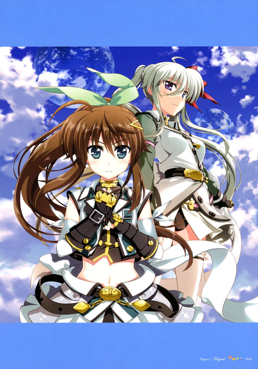 absurdres ahoge aqua_eyes armor belt black_gloves black_leotard black_shirt black_stripes blue_eyes blue_sky bow braid breasts brown_hair clenched_hand cloud cloudy_sky collared_jacket crop_top day einhart_stratos elbow_gloves english eyebrows_visible_through_hair fingerless_gloves framed_image french_braid fujima_takuya fuuka_reventon gloves green_hair green_jacket green_ribbon green_skirt hair_between_eyes hair_bow hair_ornament hair_ribbon hairclip heterochromia highres jacket leotard looking_at_viewer lyrical_nanoha magical_girl medium_breasts midriff multiple_girls official_art outdoors overskirt page_number planet pleated_skirt ponytail purple_eyes red_bow ribbon scan shirt single_stripe skirt sky sleeveless sleeveless_jacket sleeveless_shirt standing thighhighs twintails vivid_strike! white_gloves white_jacket white_legwear