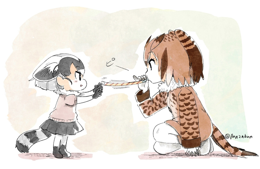 animal_ears bird_tail bird_wings boots brown_hair child coat commentary elbow_gloves eurasian_eagle_owl_(kemono_friends) eyebrows_visible_through_hair fennecoon_(kemono_friends)_(panzuban) fox_ears fox_tail fur_collar gloves grey_hair kemono_friends long_sleeves multicolored_hair multiple_girls owl_ears pantyhose panzuban party_horn pleated_skirt puffy_short_sleeves puffy_sleeves raccoon_ears raccoon_tail reaching_out short_hair short_sleeves skirt squatting tail twitter_username white_hair wings