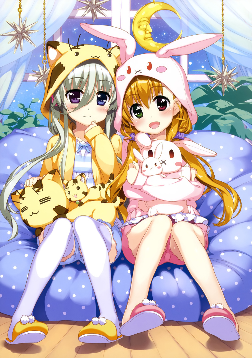 :d absurdres animal_ears animal_hood asteion asymmetrical_bangs bangs bean_bag_chair blonde_hair blue_eyes blue_ribbon blue_shorts blush bunny_ears bunny_hood cat_ears cat_hood curtains einhart_stratos fake_animal_ears fujima_takuya full_body green_eyes hair_ornament hair_scrunchie head_tilt heterochromia highres hood indoors knees_together_feet_apart long_hair looking_at_viewer lyrical_nanoha mahou_shoujo_lyrical_nanoha_vivid mobile moon_(ornament) multiple_girls neck_ribbon night open_mouth pink_shorts polka_dot purple_eyes purple_scrunchie red_eyes ribbon sacred_heart scan scrunchie shiny shiny_hair shirt short_shorts shorts sidelocks silver_hair sitting slippers smile striped striped_shirt stuffed_animal stuffed_toy thighhighs twintails two_side_up very_long_hair vivio white_legwear window wooden_floor