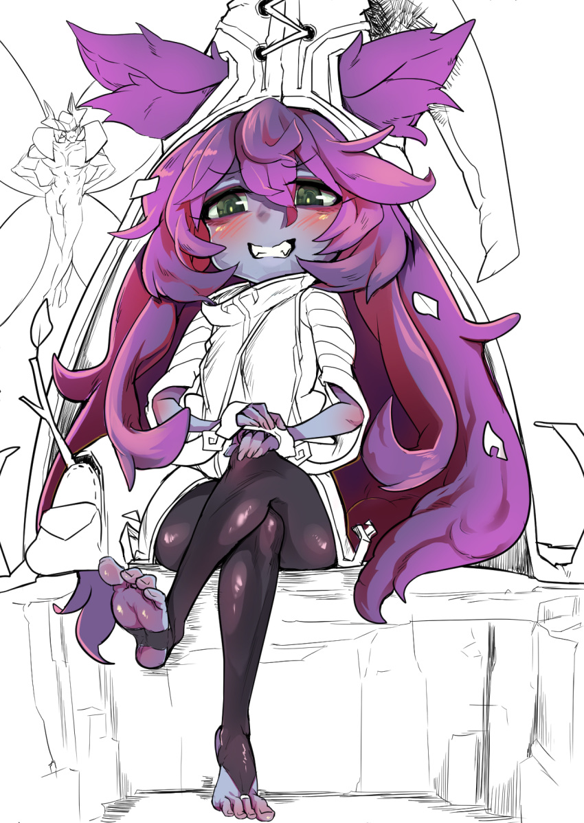 1girl animal_ears bangs blush butterfly_wings fairy feet full_body green_eyes grin hair_between_eyes hat highres league_of_legends leaves legs_crossed legwear long_hair looking_at_viewer lulu_(league_of_legends) messy_hair pix purple_hair purple_skin robe sitting sketch smile solo_focus teeth toeless_legwear toes toned very_long_hair wide_sleeves wings witch_hat wwwazxc yordle