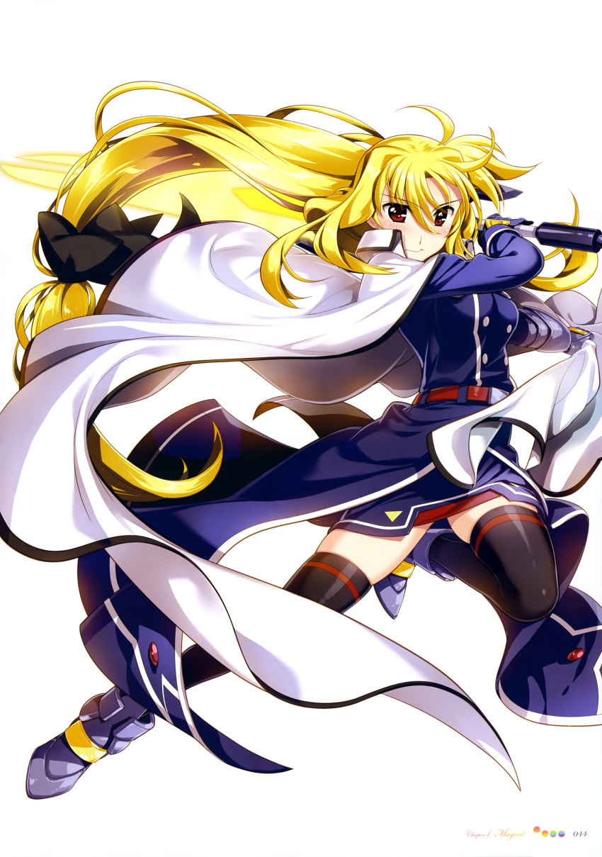 absurdres belt black_bow black_legwear blonde_hair blue_dress bow cape dress eyebrows_visible_through_hair fate_testarossa floating_hair fujima_takuya full_body hair_between_eyes hair_bow highres holding holding_weapon long_hair looking_at_viewer low-tied_long_hair lyrical_nanoha mahou_shoujo_lyrical_nanoha_strikers page_number red_eyes scan shiny shiny_clothes short_dress simple_background solo thighhighs very_long_hair weapon white_background white_cape