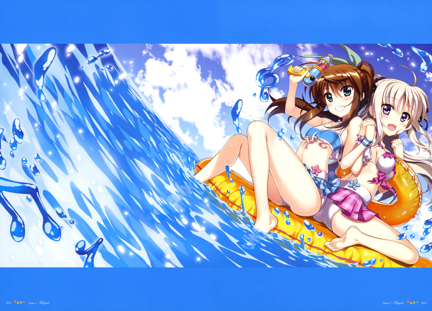 :d absurdres ahoge aqua_eyes ass back-to-back bare_shoulders barefoot bikini bikini_skirt black_ribbon black_scrunchie blue_bikini_top blue_flower blue_skirt blue_sky blue_wristband blush breasts brown_hair cloud cloudy_sky collarbone day english eyebrows_visible_through_hair flat_chest flower framed_image frilled_bikini frills fujima_takuya fuuka_reventon green_ribbon grin hair_between_eyes hair_ornament hair_ribbon hair_scrunchie highres holding holding_hands holding_innertube holding_water_gun inflatable_raft innertube interlocked_fingers large_breasts looking_at_viewer lyrical_nanoha mismatched_bikini multiple_girls official_art open_mouth orange_innertube outdoors page_number pink_flower pink_frills pink_scrunchie pink_skirt plaid plaid_skirt platinum_blonde_hair pleated_skirt ponytail purple_eyes ribbon rinne_berlinetta scan scrunchie single_stripe sitting skindentation skirt sky smile striped_wristband swimsuit teeth tongue vivid_strike! wariza water water_gun white_bikini white_bikini_bottom white_stripes wrist_scrunchie