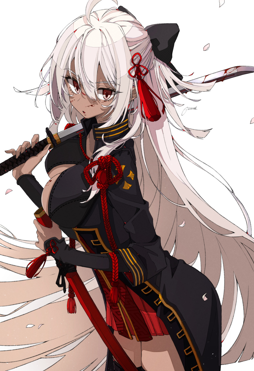 :o absurdres ahoge arm_guards bangs blood blood_on_breasts blood_on_face bow breasts center_opening cleavage commentary dark_skin eyebrows_visible_through_hair eyelashes fate/grand_order fate_(series) hair_between_eyes hair_bow hair_ornament highres katana large_breasts leaning_forward long_hair okita_souji_(alter)_(fate) okita_souji_(fate)_(all) osanai over_shoulder petals red_eyes scabbard sheath simple_background solo sword tassel very_long_hair weapon weapon_over_shoulder white_background white_hair