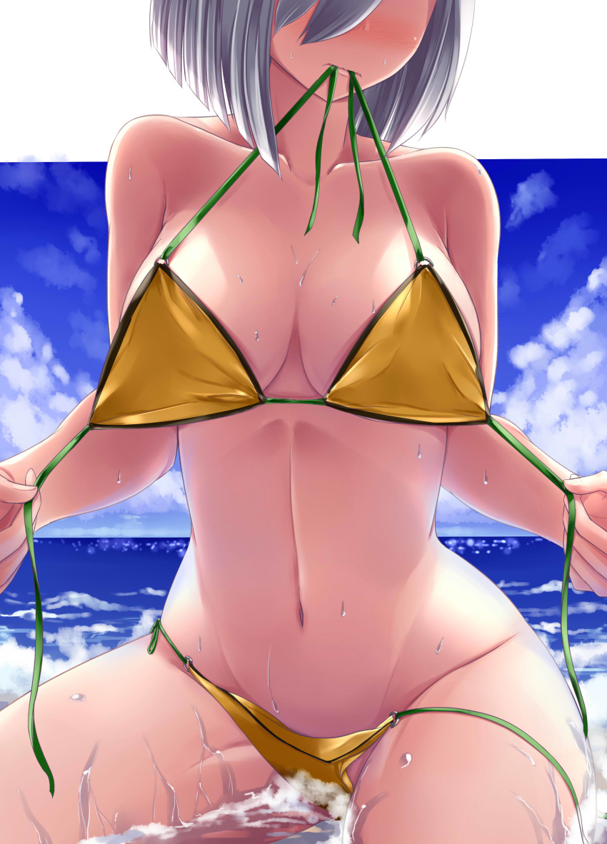 absurdres ayakase_hotaru bare_shoulders bikini bikini_in_mouth blue_sky blush breasts cloud collarbone commentary_request day groin hair_over_one_eye hamakaze_(kantai_collection) highres holding_bikini_top kantai_collection large_breasts mouth_hold navel ocean outdoors short_hair silver_hair sitting sky solo splashing stomach swimsuit thighs untied untied_bikini untied_bikini_bottom water waves wet